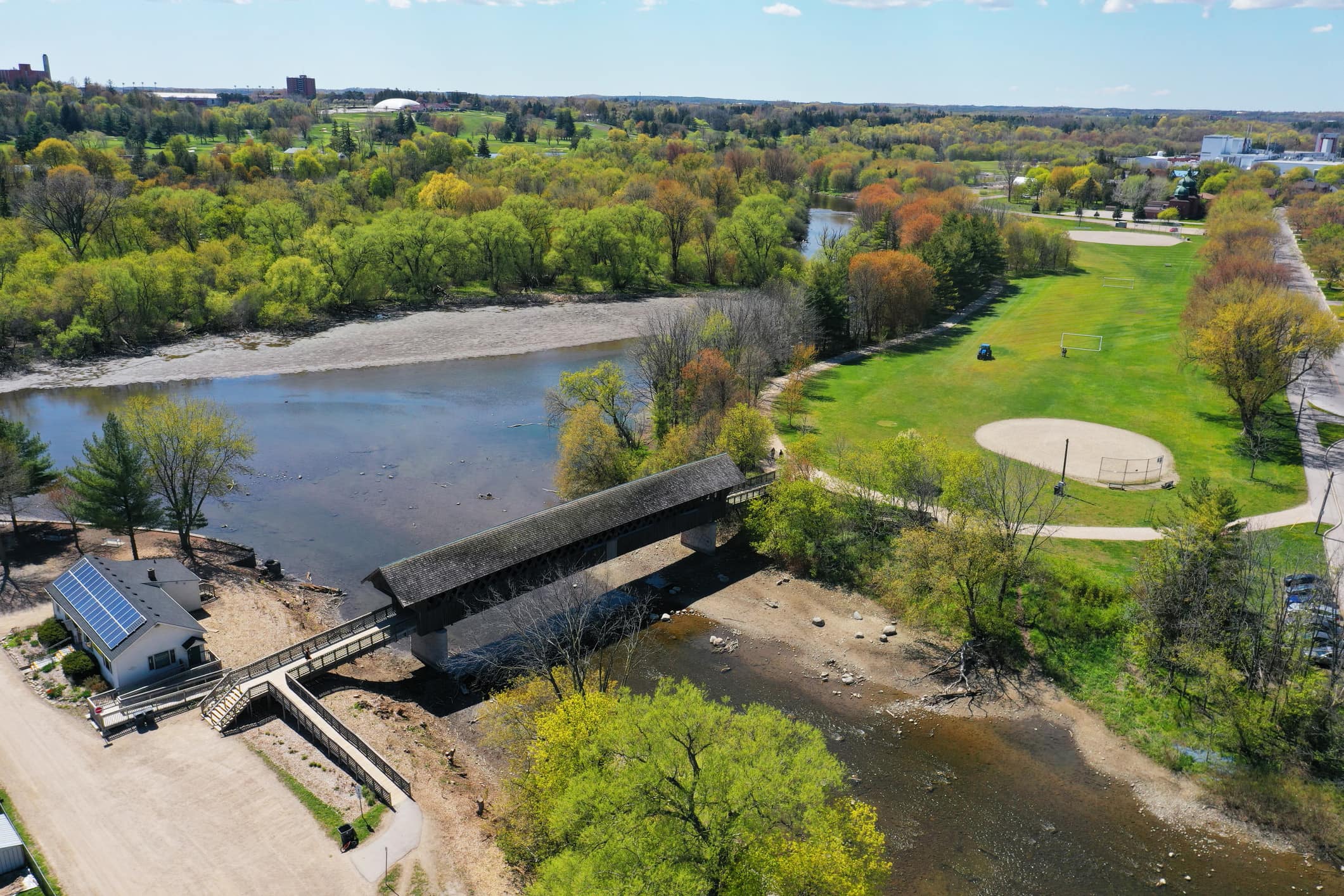 Aerial view of the Guelph Covered Bridge in Guelph, Ontario, Canada